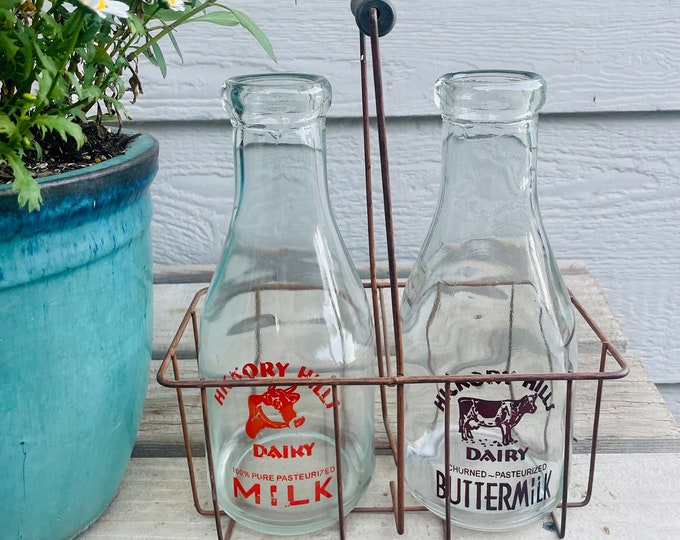 Vintage Milk Carrier Wire Basket With Two Bottles Hickory Hills Dairy