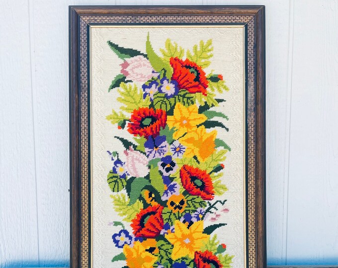 Large Vintage Floral Embroidery Crewel Poppies Pansies Violets Colorful ...