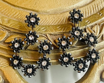 Vintage Black Floral Rhinestone Earrings Screw On