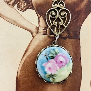 Vintage Floral Pink Roses Ornate Pendant Hand Painted Original Panting on Porcelain Cabochon