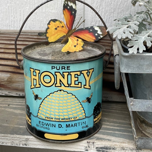 Vintage Pure Honey Tin Pail Bucket Blue & Yellow Bees Hive Graphics