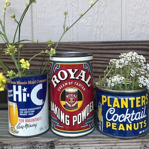 Vintage Tin Collection Planter’s Peanuts Hi-C Royal Baking Powder Red White Blue Yellow Kitchen Decor