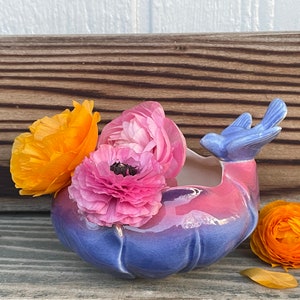 Royal Copley Bluebird Bowl Pink & Blue Vintage Bird Pottery