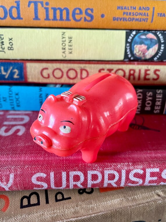 Vintage Small Plastic Celluloid Piggy Bank Dime Store Trinket Pink