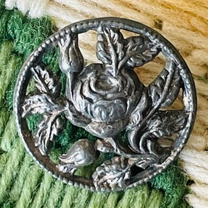 Antique Rose Picture Button Pierced Pewter Silver Highly Detailed