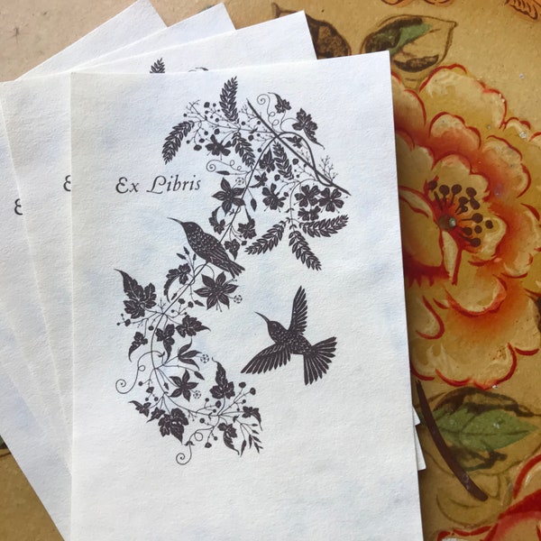 Vintage Hummingbird Ex Libris Bookplates Unused Set of Five Personal Library Nature Vine Flowers