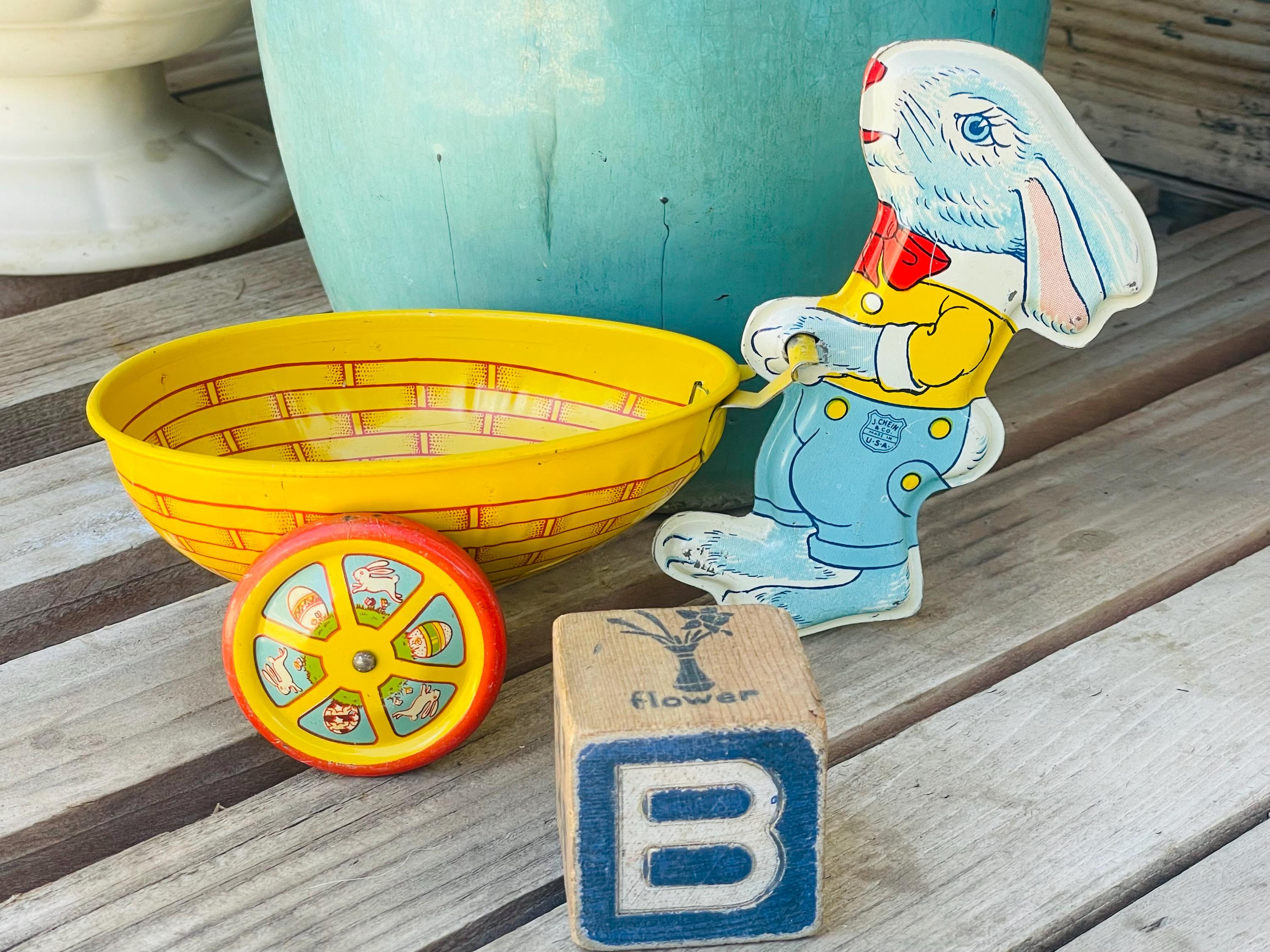 Sadter Rabbit Tin Choice of Vintage Tin Litho Easter Bunny Rabbit Wheel Barrow Basket Egg ...