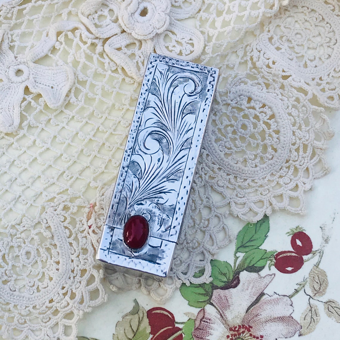 Antique Silver Engraved Lipstick Holder With Mirror Red Etsy