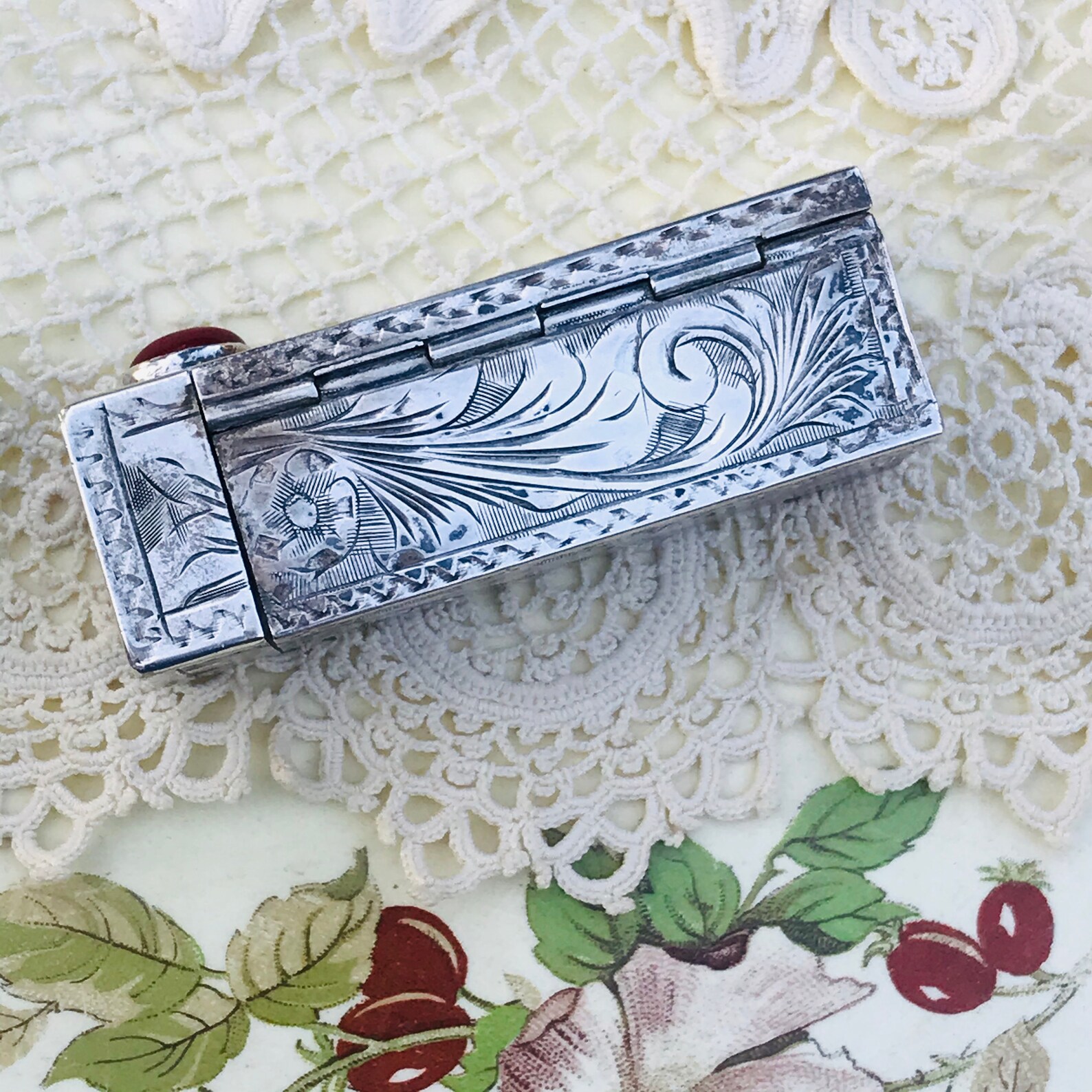 Antique Silver Engraved Lipstick Holder With Mirror Red Etsy