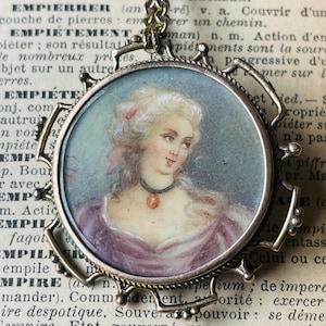 Antique French Miniature Portrait Painting  Beautiful Woman Purple Dress Brooch Circa 1890