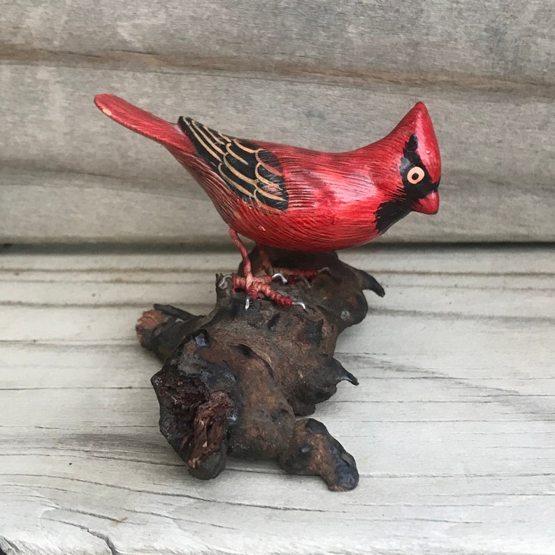 Vintage Carved Wood Cardinal Bird Painted Metal Feet On Wooden Image 0