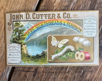 John D. Cutter & Co. Victorian Trade Card Silk Threads Fabrics Rainbow Worm Moth Sewing