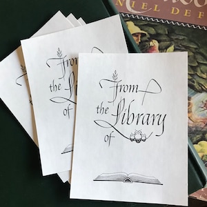 Set of Five Vintage From the Library Of Bookplates Owl Family Open Book