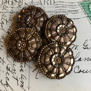 Antique Metallic Ornate Glass Buttons Set of Four Fancy Vintage Style