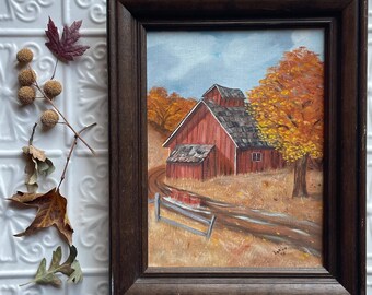 Vintage Autumn Barn Painting Fall Colors Country Scene Framed Signed by Artist
