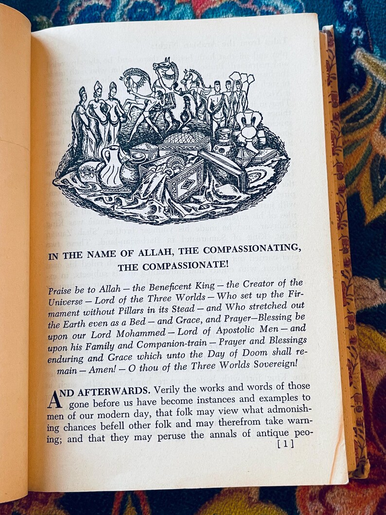 May include: Open book page with text and an illustration. The illustration is a detailed black and white drawing of figures, animals, and objects. The text includes the phrase "IN THE NAME OF ALLAH, THE COMPASSIONATE!"