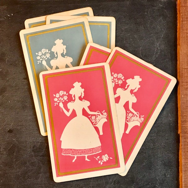 Vintage Pretty Lady Silhouette With Flowers Basket Playing Cards Set of Six Blue Pink