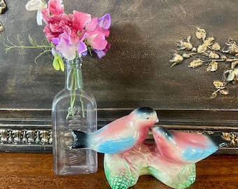 Vintage Pastel Birds Planter Figurine Two Lovebirds Pinecones Midcentury