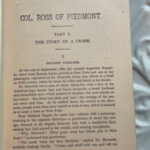 May include: A black and white image of a page from a book. The text on the page is about a man named Dr. Haworth who arrived in New York on a ship from Buenos Aires. The text describes Dr. Haworth's appearance and mentions that he was met by a man named Burdette.