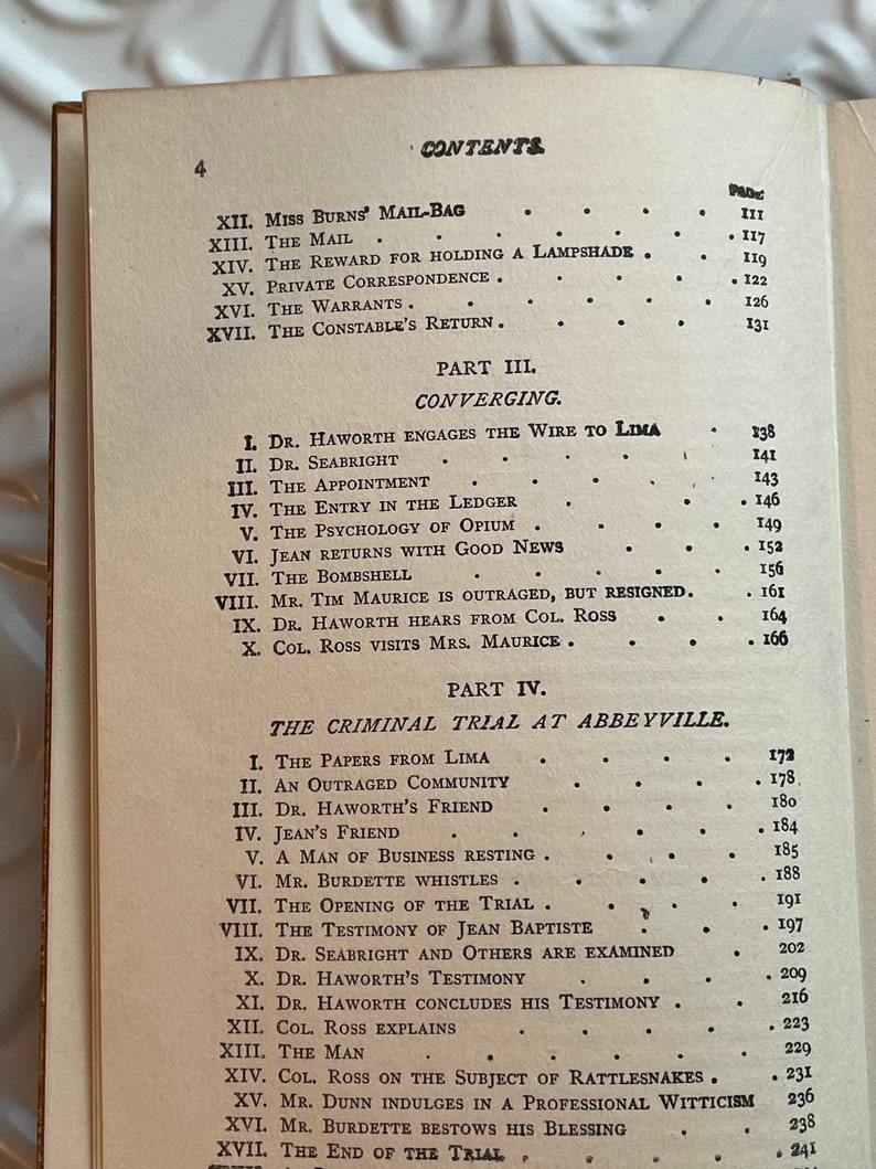 May include: A black and white book with the title "CONTENTS" printed on the cover. The book lists the chapters of a novel with page numbers.