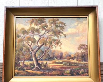 Vintage Framed Painting Tranquil Landscape Signed By Artist Trees Water Clouds Autumn Hues