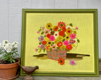 Large Vintage Floral Crewel Yarn Embroidery Flowers Vibrant Colors Framed Wall Fabric Fiber  Art