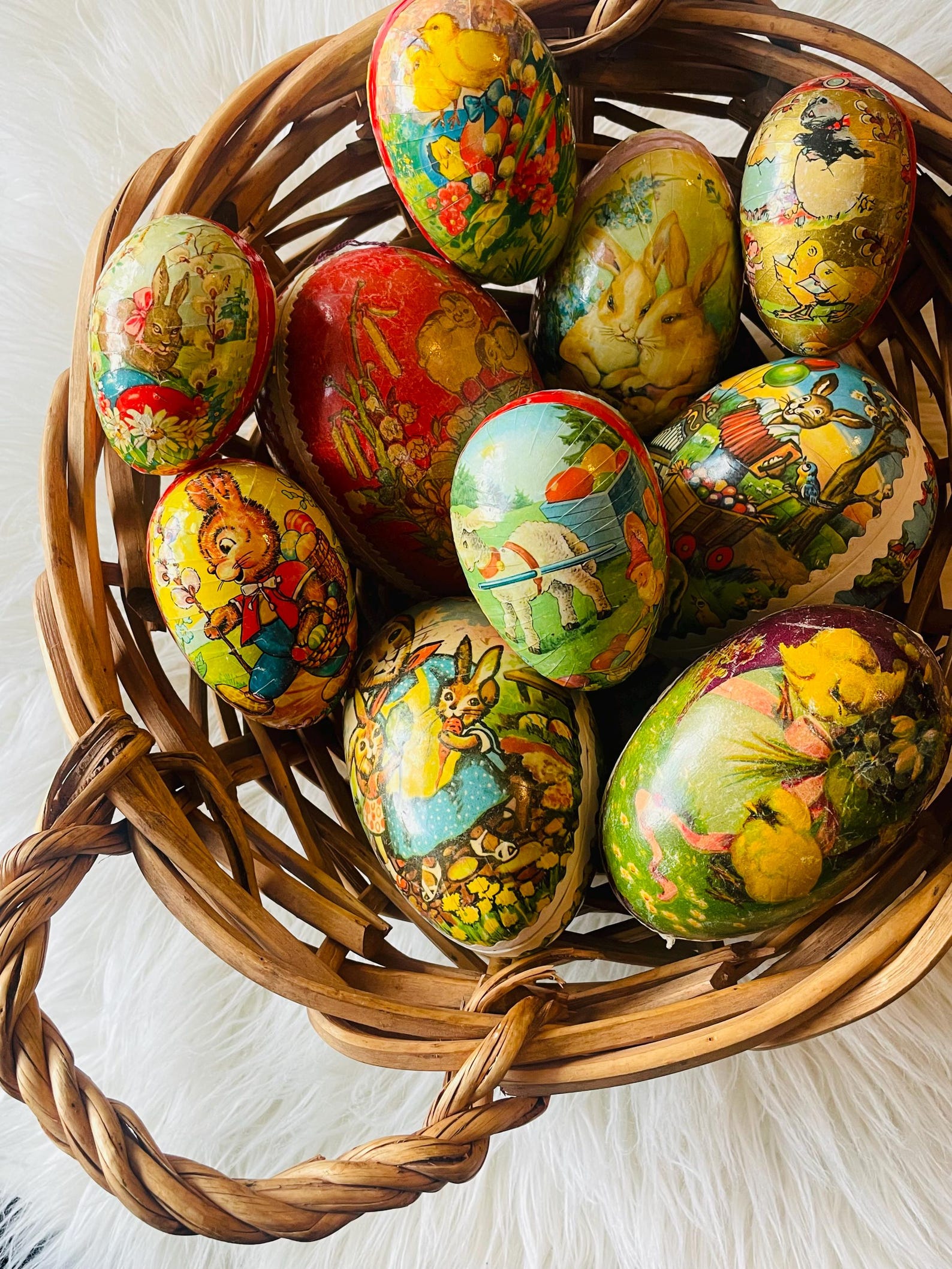 Choice of German Paper Mache Easter Eggs Chicks Bunnies Spring Floral Rabbits Candy Gift Container