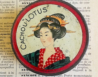 Antique Cachou Lotus French Candy Tin Geisha Beautful Japanese Woman Graphics
