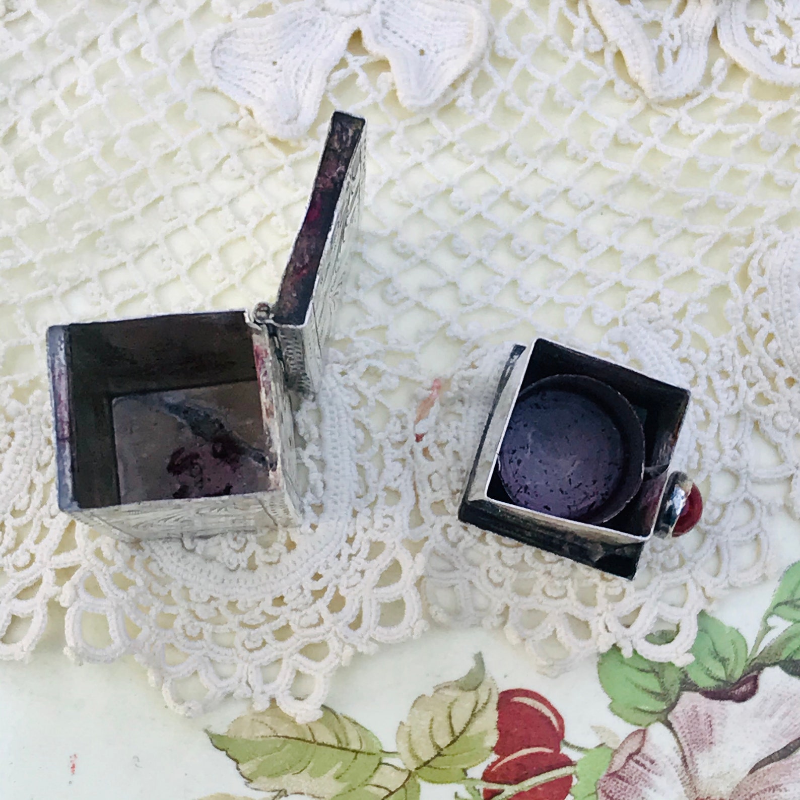 Antique Silver Engraved Lipstick Holder With Mirror Red Etsy