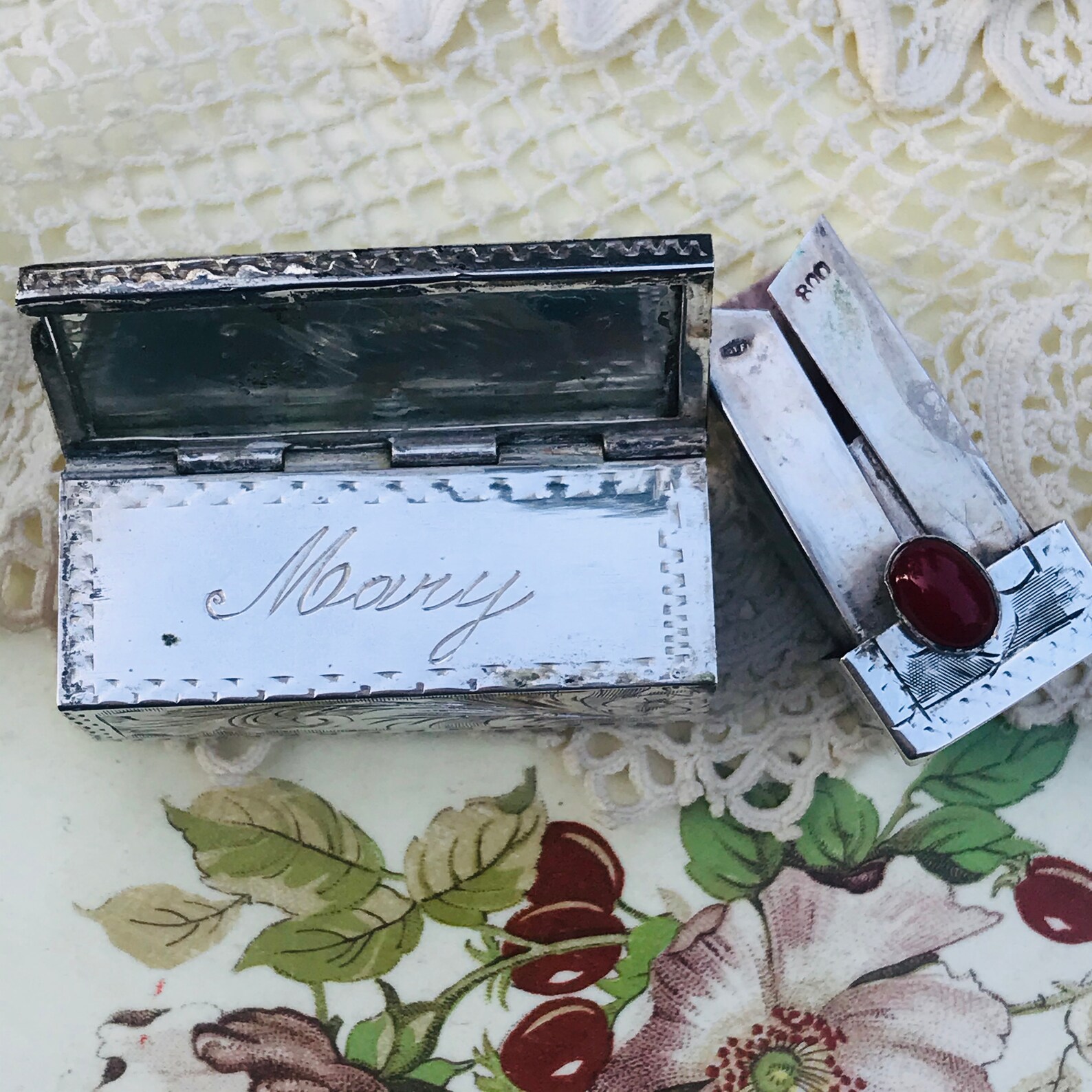 Antique Silver Engraved Lipstick Holder With Mirror Red Etsy