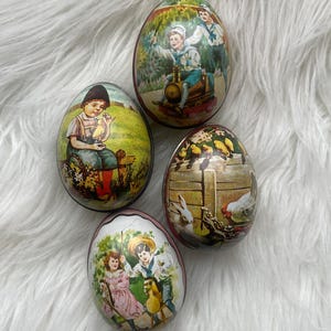 Set of Four Vintage Tin Litho Easter Egg Candy Containers Victorian Graphics