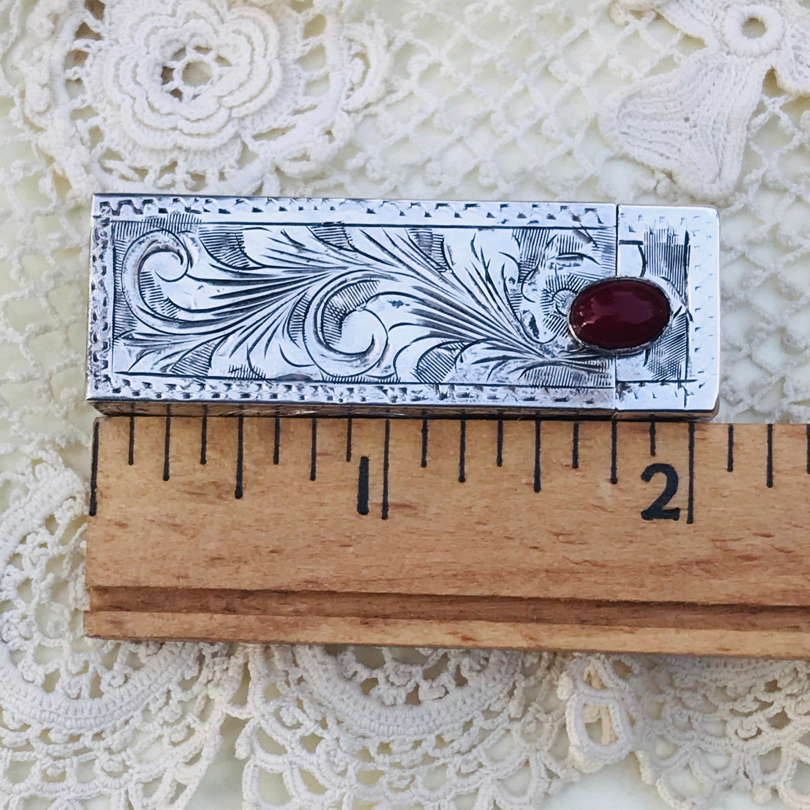 Antique Silver Engraved Lipstick Holder With Mirror Red Etsy