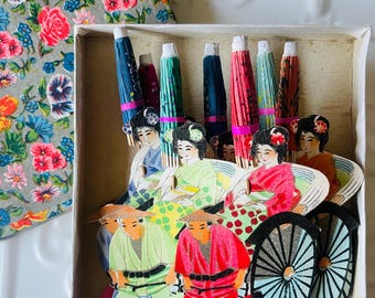 Vintage Geisha Rickshaw Umbrella New Old Stock 3D Place Cards Japan