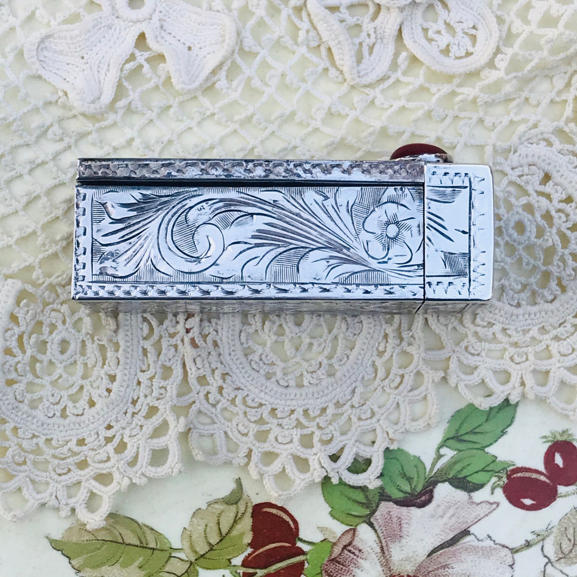 Antique Silver Engraved Lipstick Holder With Mirror Red Etsy