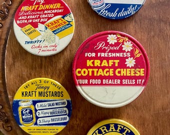 Vintage Kraft Food Metal Advertising Lids Collection Midcentury Macaroni & Cheese Mustard Cottage Cheese Mayonnaise