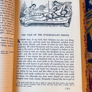 May include: An open book with text and a black and white illustration of a man reclining on a bed with two women. The text reads "THE TALE OF THE ENSORCELLED PRINCE".
