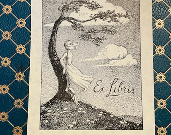 Vintage Ex Libris Girl & Tree Bookplates Set of 5