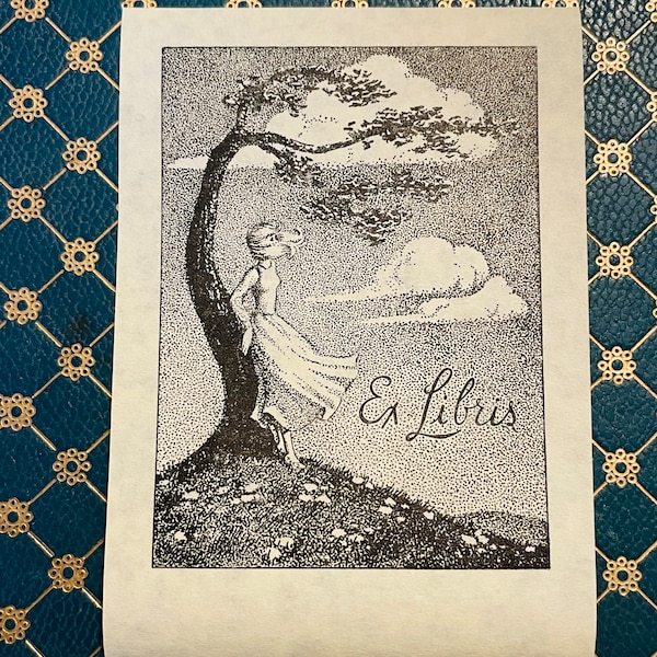 Vintage Ex Libris Girl & Tree Bookplates Set of 5