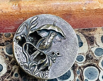 Antique Whimsical Bird With Umbrella Picture Button  Metal Pierced
