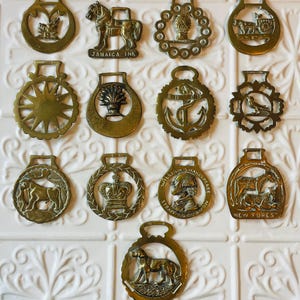 May include: A collection of antique brass horse brasses, each with a unique design. The brasses feature various motifs, including horses, crowns, and historical figures. The background is a white, patterned tile.