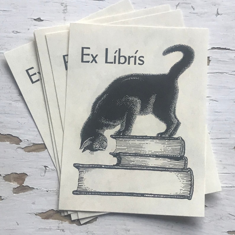 Set of Five Vintage Ex Líbrís Book Plates Bookplates Cat Kitty Stack of ...