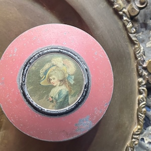 Antique French Music Powder Cosmetic Box Pink Black Small Portrait Woman on Top Works