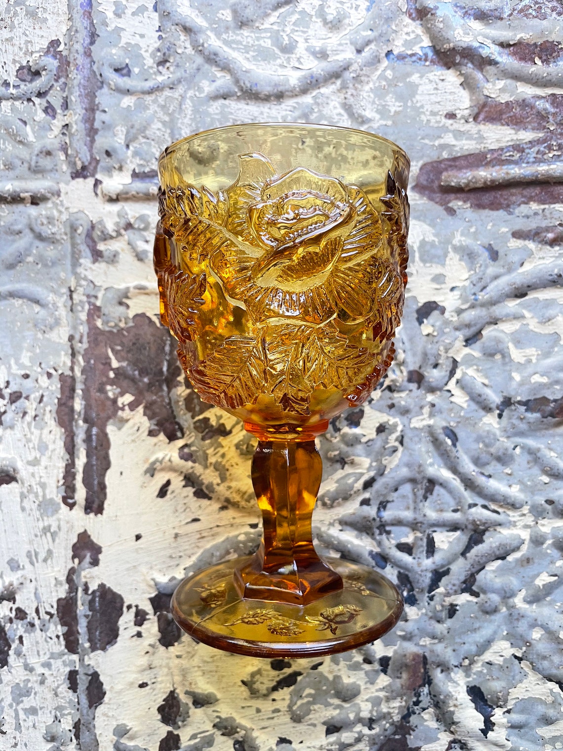Fenton LG Wright Wild Rose Madonna Inn 6 1/2 Goblet Amber | Etsy