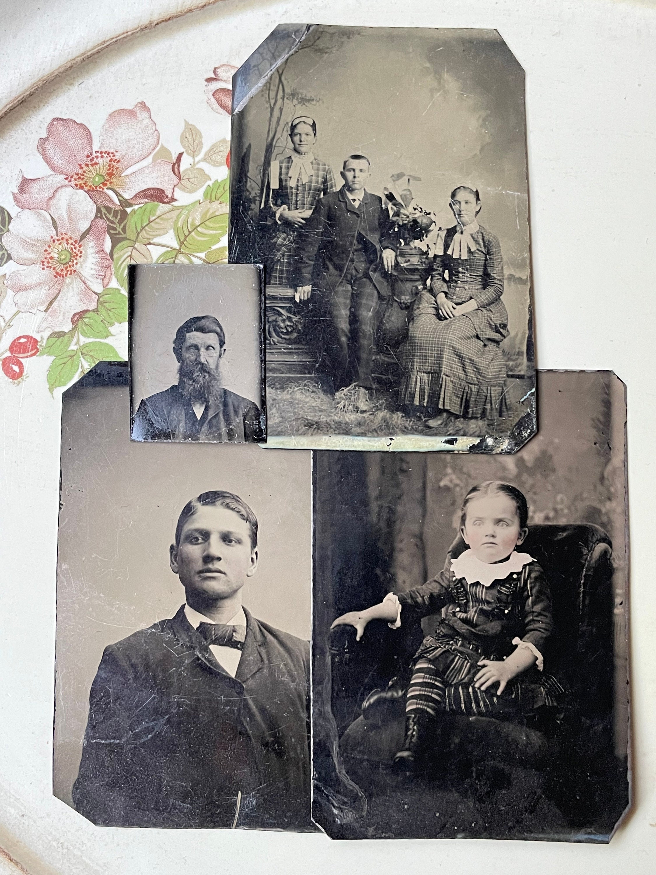 Set of Four Antique Tin Type Photographs Photos Man Family Child