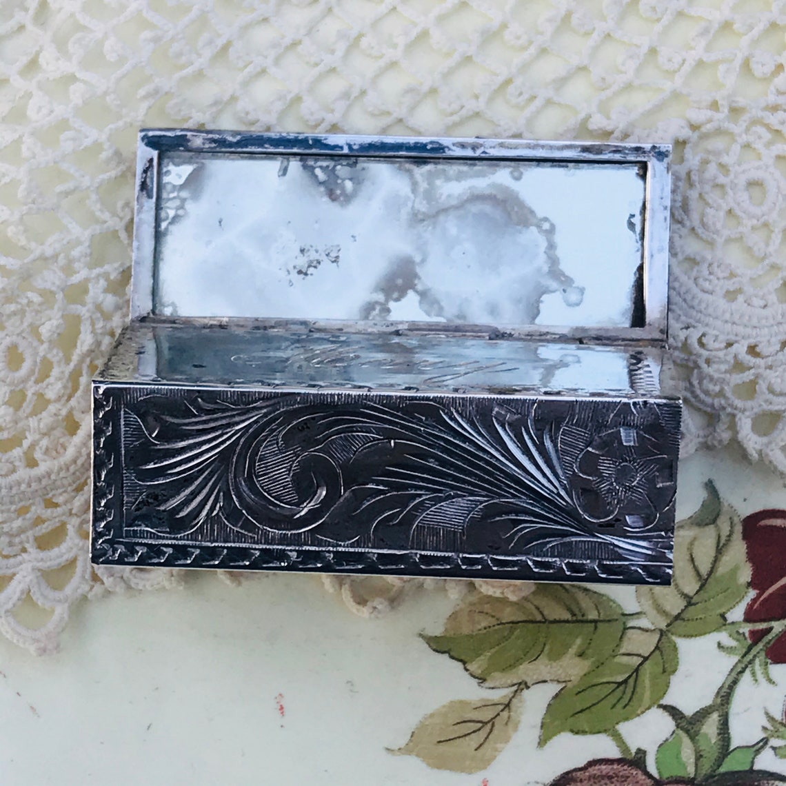Antique Silver Engraved Lipstick Holder With Mirror Red Etsy