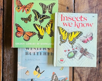 Vintage Butterfly & Insect Children’s Book Trio Golden Wonder Junior Sunset Books Butterflies Bugs Nature