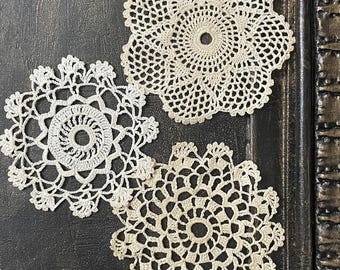 Set of Three Mini Lace Doilies Ecru Antique White