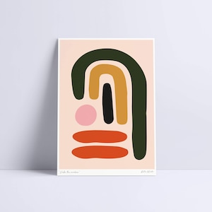 May include: Abstract art print featuring a composition of colorful shapes. The artwork includes a dark green arch, a mustard-yellow arch, a black vertical rectangle, a pink circle, and two orange horizontal shapes. The background is a light peach color. The text "Under the rainbow" is at the bottom.