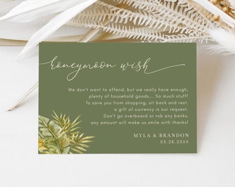 Monstera Leaves Honeymoon Wish Card Template, 5x3.5 Leafy Green Plants Honeymoon Wish Insert Card, Editable Template