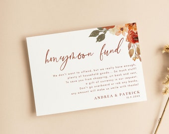 Fall Floral Honeymoon Fund Card Template, Terracotta Floral and Leaves, 5x3.5 Autumn Honeymoon Wish Insert Card, Editable Template